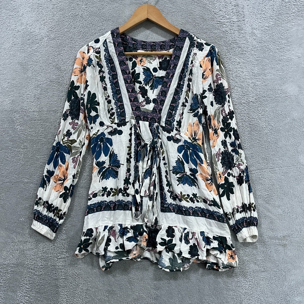 Free People Tunic Top Womens 2 Multi Floral Deep V Neck Boho Ruffled Tie Front